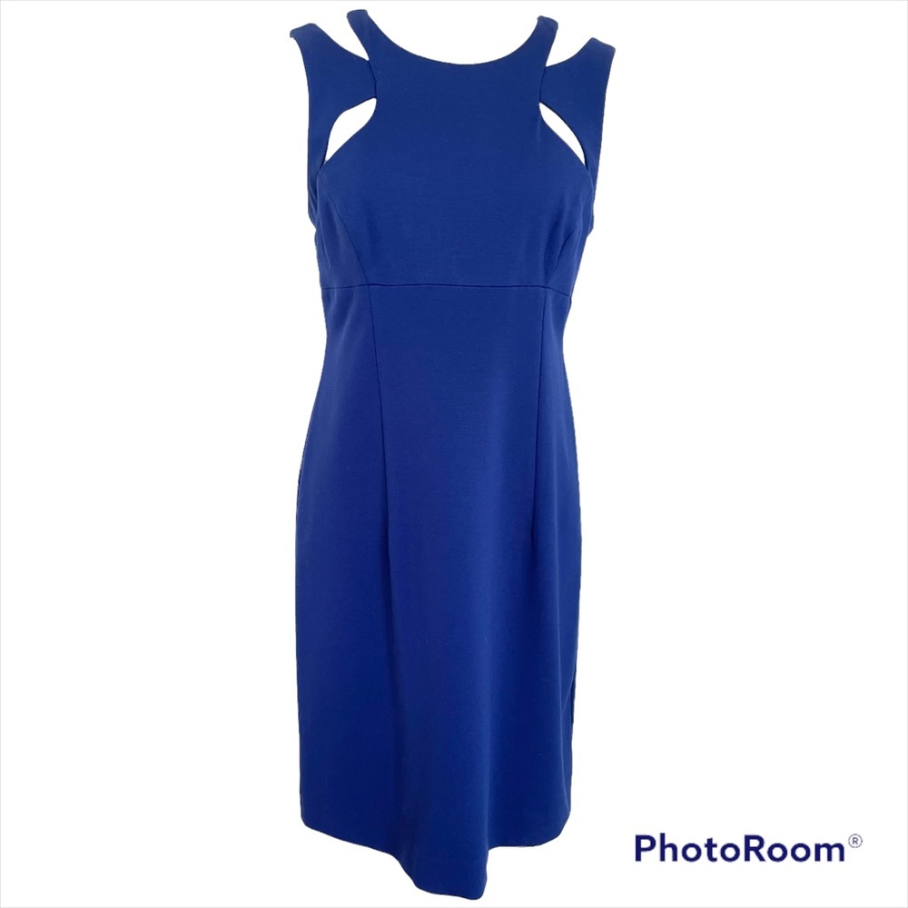 Betsey Johnson Blue Knit Sleeveless Dress W/ Neckline Cutouts & Gold Back Zipper